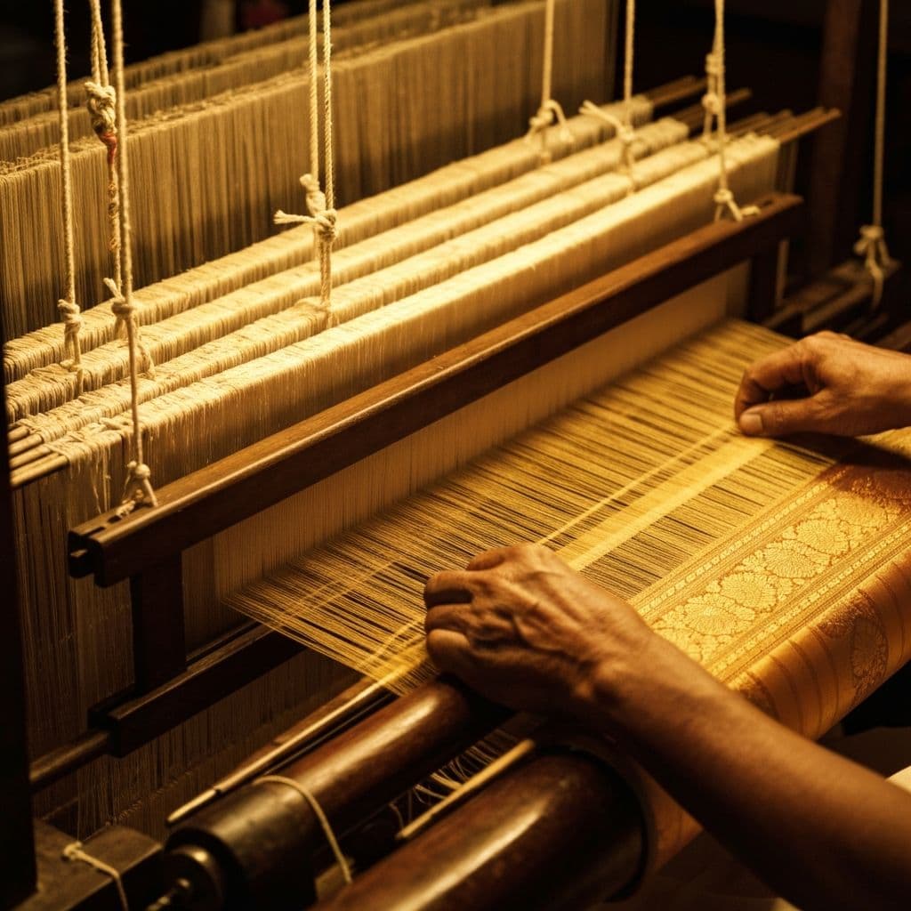 Master artisan hand-weaving a silk saree on a traditional wooden loom