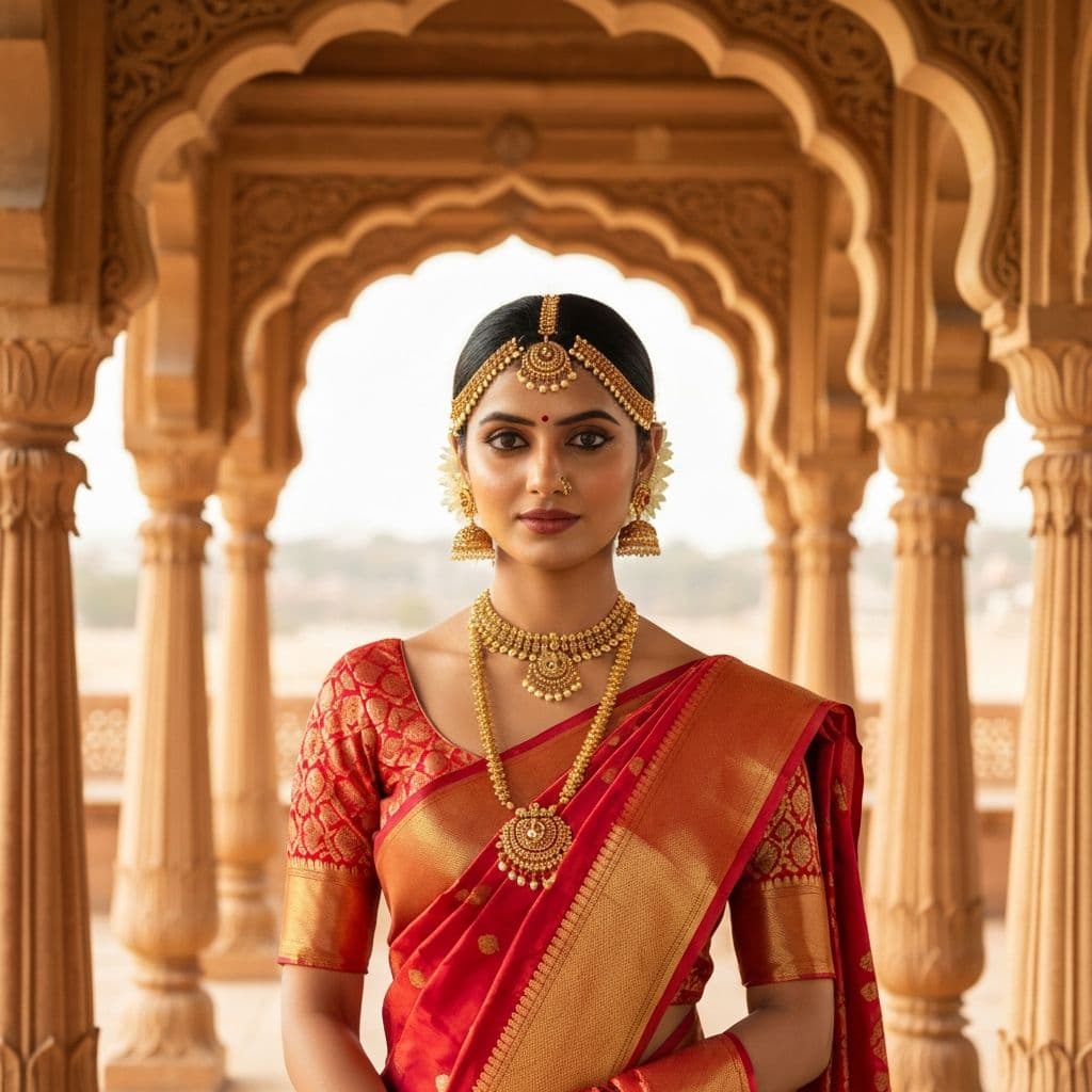 Beautiful woman wearing a traditional Indian silk saree with gold jewelry